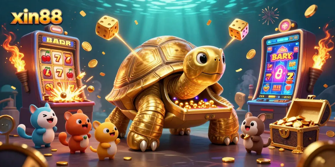 Experience exciting gameplay at xin88 with a golden tortoise pinball machine surrounded by jackpots and coins.
