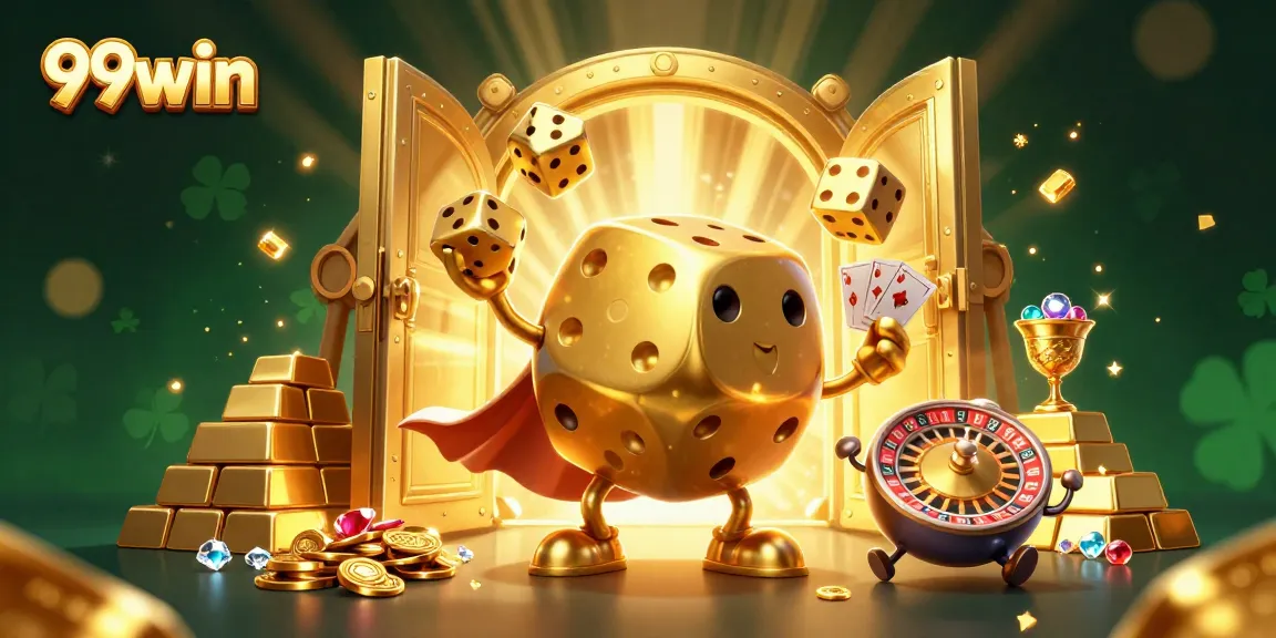 Experience thrilling gameplay with 99win's vibrant casino illustration showcasing golden dice and treasure.