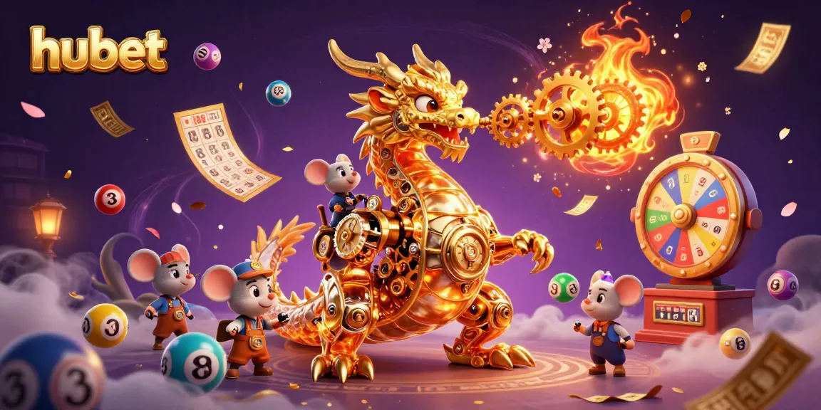 Experience hubet thrills with a golden dragon and dynamic casino elements in a vibrant scene.