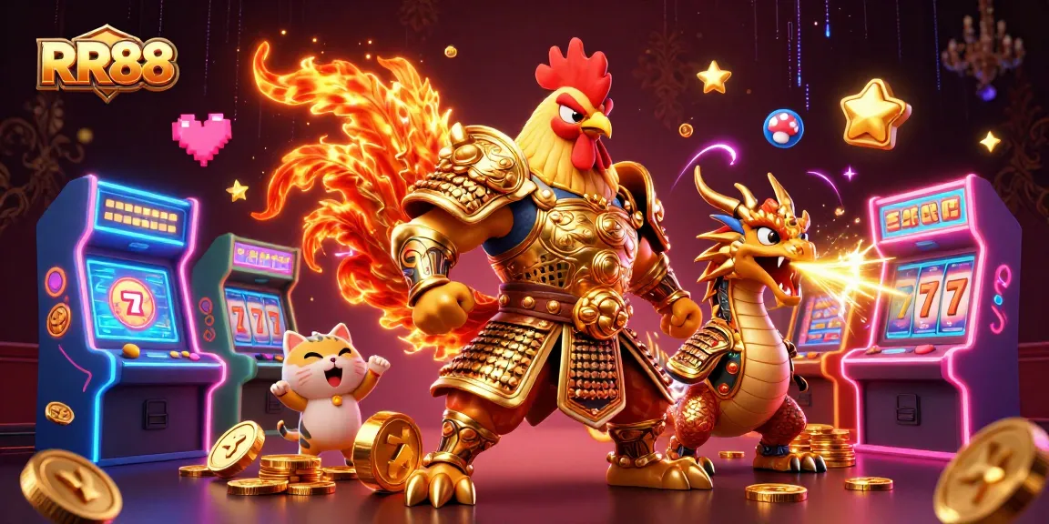 Engage with RR88's vibrant casino world featuring a rooster warrior, dragon, and gaming excitement.