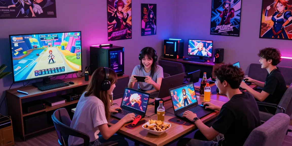 Group enjoying hentai games together in a vibrant gaming lounge, highlighting the fun and social aspect of gameplay.