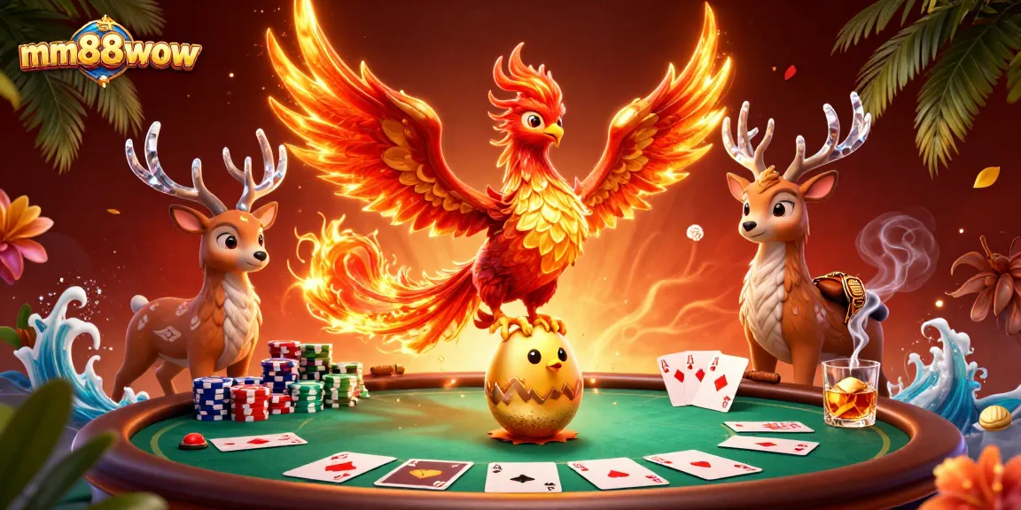 Experience the thrill of mm88wow with a vibrant phoenix and poker elements igniting excitement!