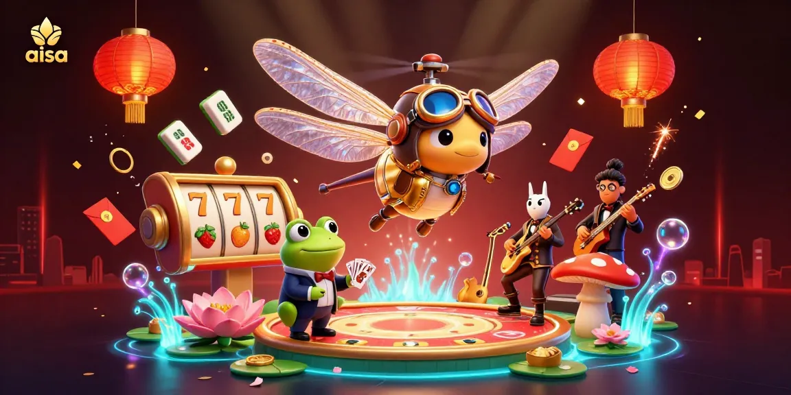 A 3D dragonfly pilot and frog croupier engaging players at a vibrant casino scene featuring aisa thematic elements.