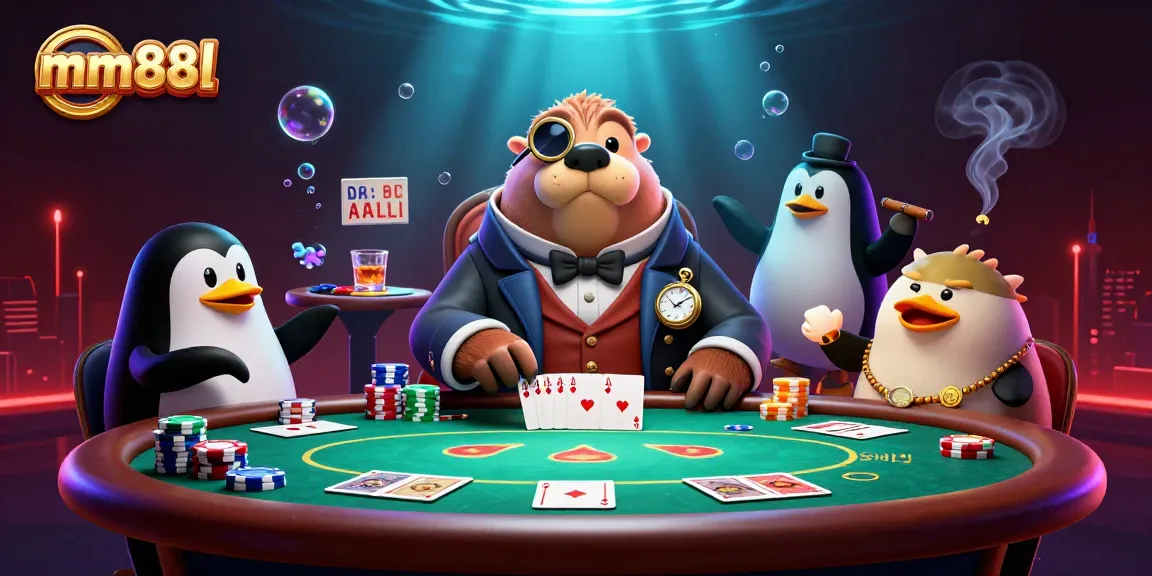 Engage in thrilling poker with mm88l at an underwater casino setting featuring colorful characters.