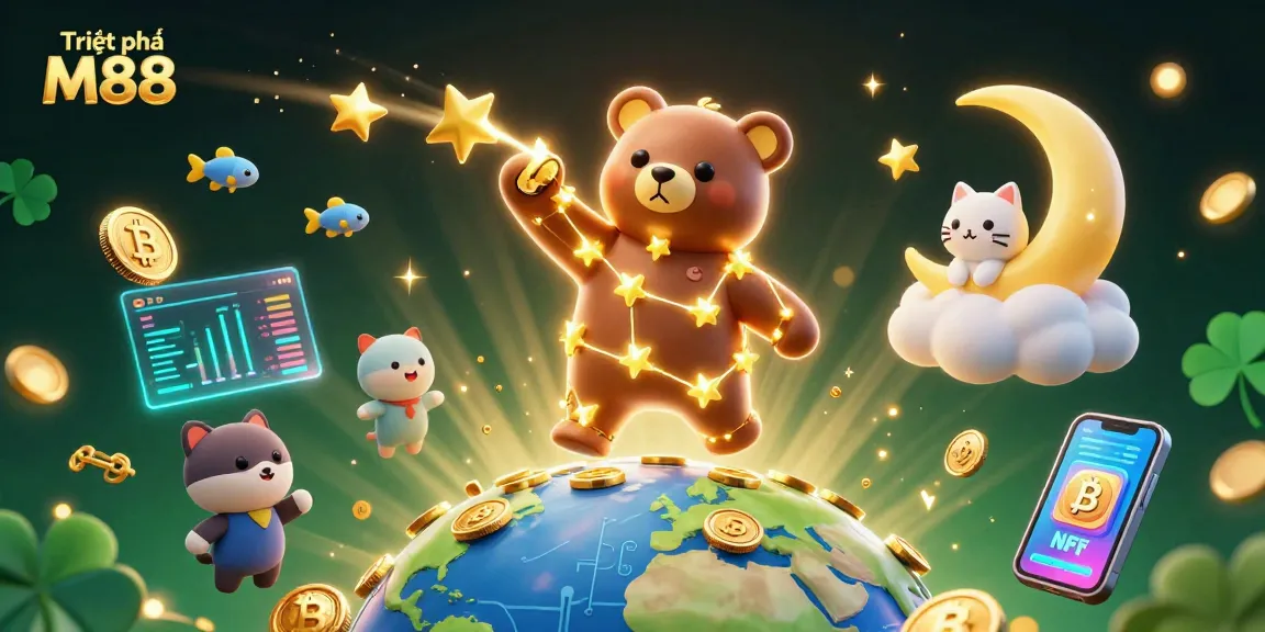 Triệt phá M88 captures a constellation bear and crypto elements in vibrant online casino art.