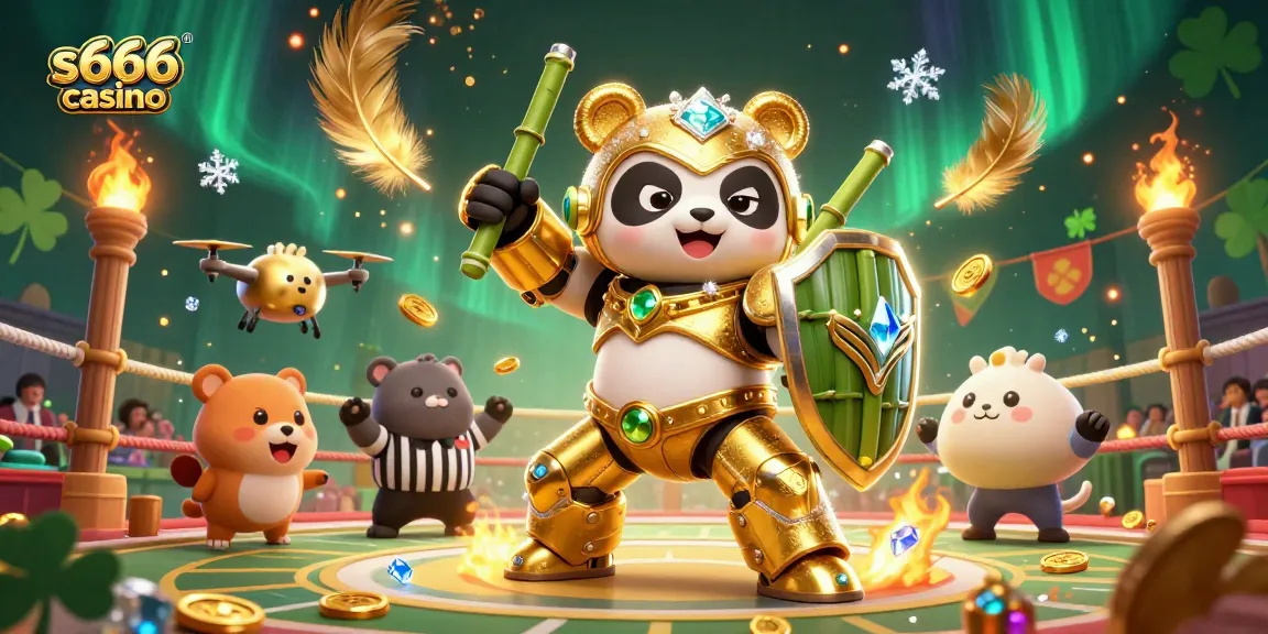 S666 casino showcases a thrilling sports betting arena with golden panda and bamboo robot battling amidst cheering spectators.