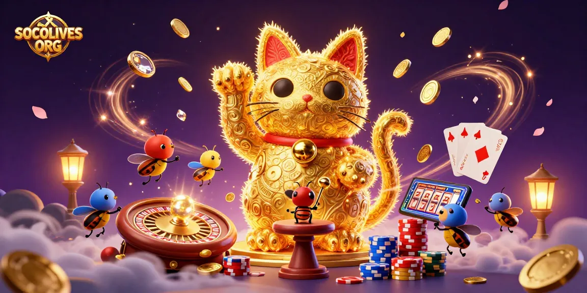 SOCOLIVES ORG showcases a giant lucky cat made of golden fireflies amidst dynamic casino symbols, enchanting viewers.