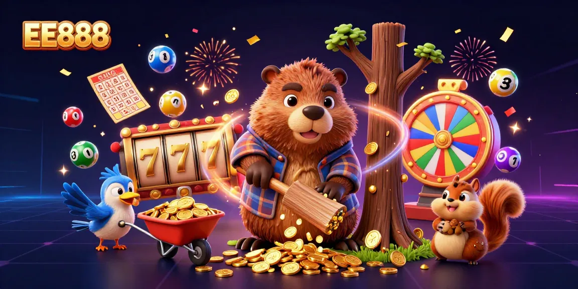 Experience winning moments at EE888 with a vibrant 3D casino scene featuring charming characters collecting coins.