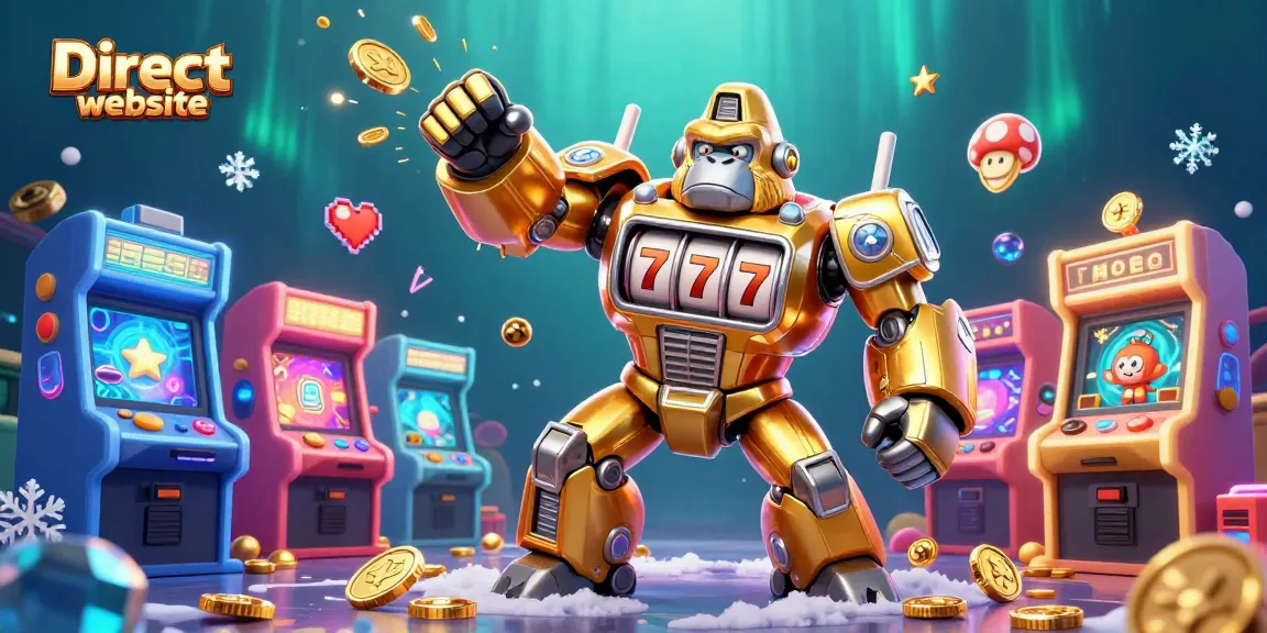 Engage with the vibrant Direct website gaming scene featuring a golden gorilla mech and colorful arcade elements.