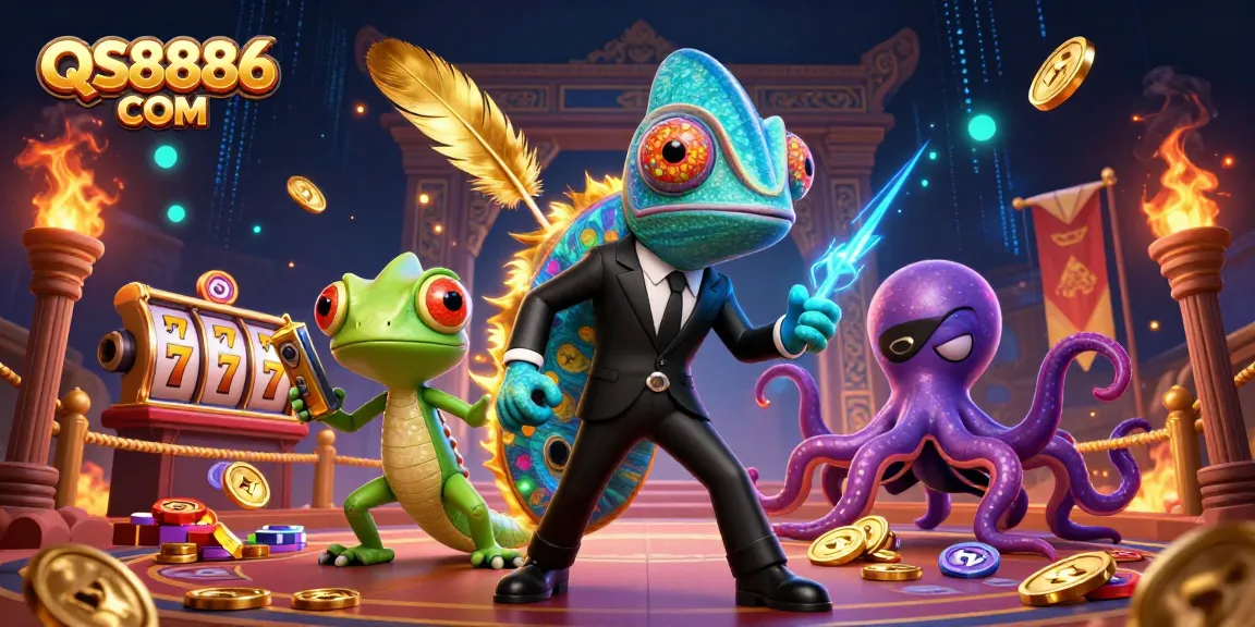 Experience thrilling gameplay at QS8886 COM with a dynamic casino scene featuring vibrant characters and winning elements.