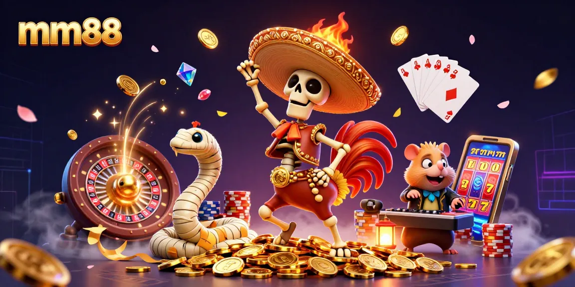 Spin the reels on mm88 with vibrant characters celebrating wins, surrounded by coins and roulette.