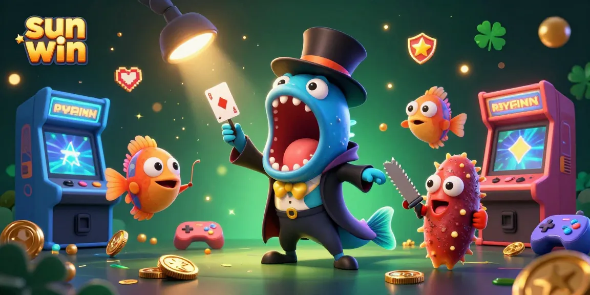 Experience thrilling gameplay with sun win as characters showcase card tricks in a vibrant casino scene.