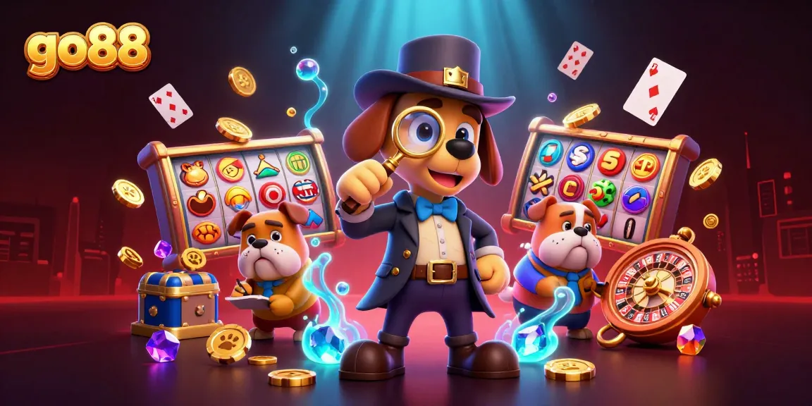 Engage with go88 featuring a detective uncovering poker chip clues amidst vibrant casino elements.
