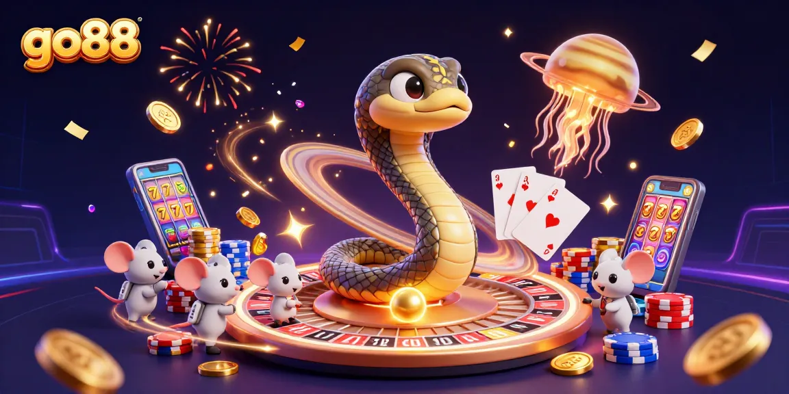 Engage in thrilling bets at go88 with a casino-styled cosmic scene featuring dynamic roulette wheels and sparkling treasures.