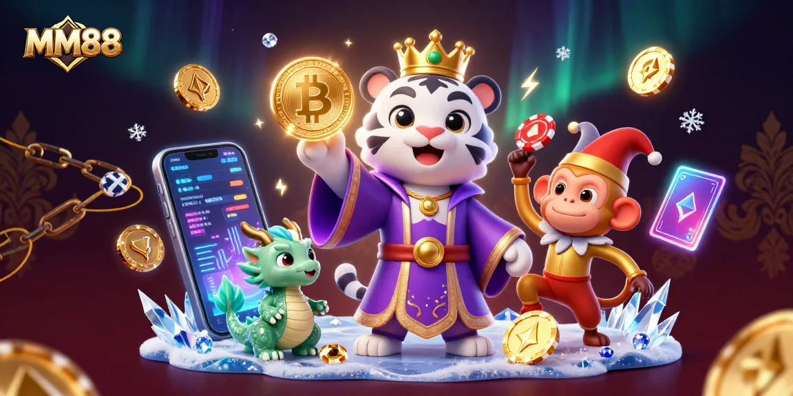Engaging MM88 illustration showcasing the vibrant casino experience with a royal tiger and joyful monkey.