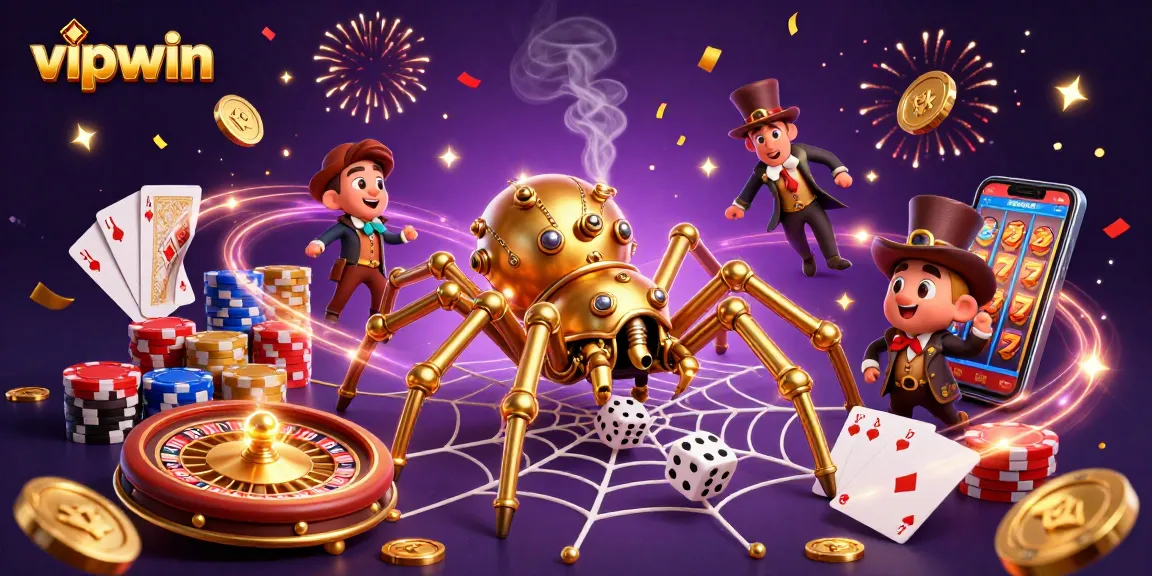 Engage in thrilling gameplay at vipwin with a vibrant 3D illustration showcasing casino elements and a steampunk spider.