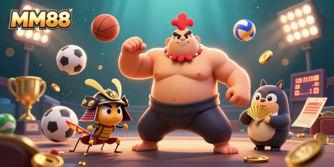 Win big with MM88's exciting anime-inspired scene showcasing a sumo rooster and cricket warriors!
