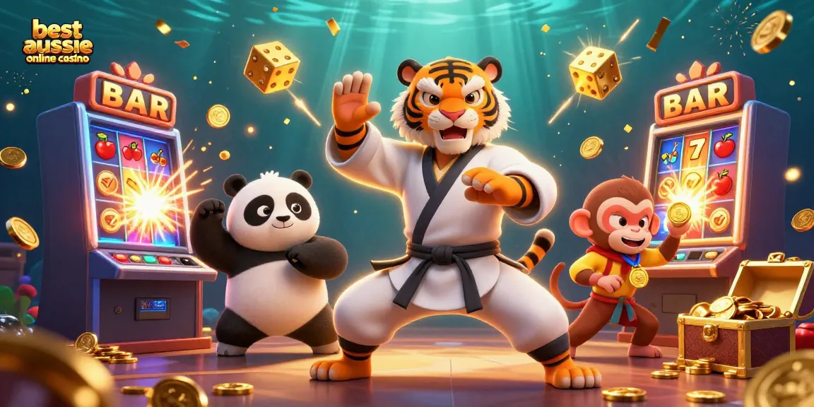 Experience exhilarating gaming action at the best aussie online casino with vibrant characters and casino elements.