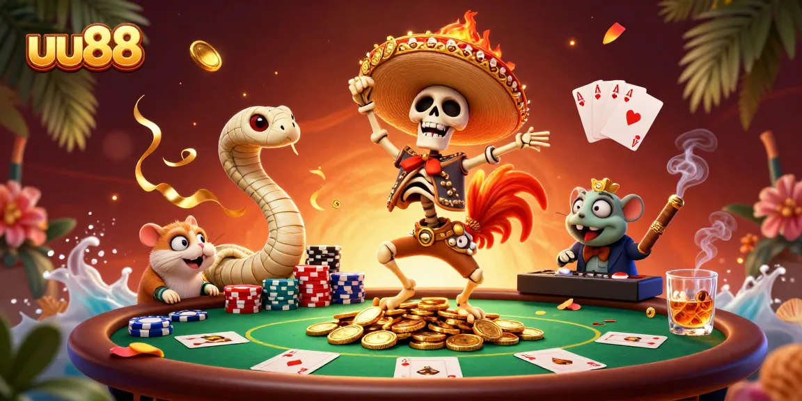 Watch the lively uu88 characters: a mariachi rooster, mummy snake, and DJ hamster at a vibrant poker scene!