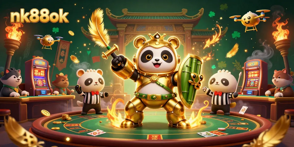 Engage in thrilling action at nk88ok's vibrant casino arena filled with gold coins and cheering spectators.